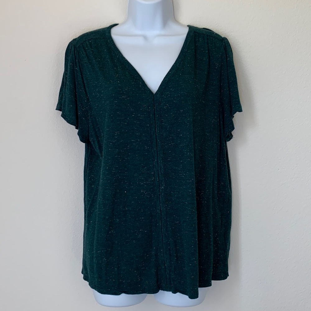 Old Navy Emerald Green V-Neck Tee with Gold Fleck Detail - Large